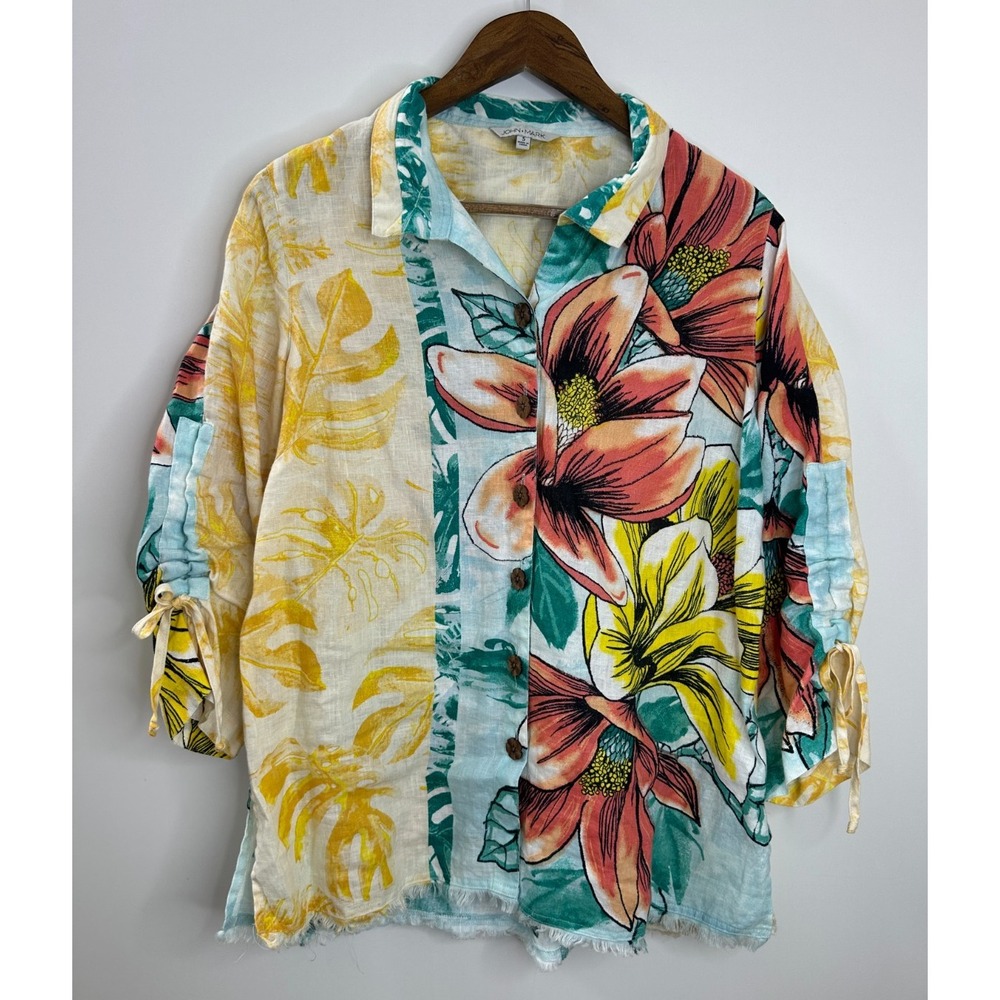 John Mark Artsy Boho Wire Collar Raw Hem 100% Linen Tunic Top Floral Size Small - Picture 2 of 12